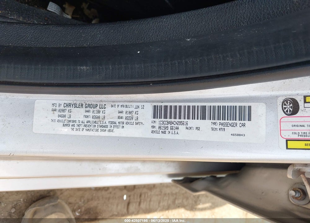 2012 CHRYSLER 200 VIN: 1C3CCBAB4CN295616