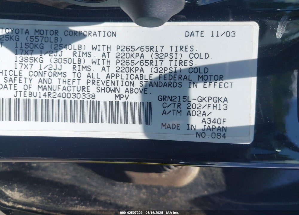 2004 TOYOTA 4RUNNER VIN: JTEBU14R240030338