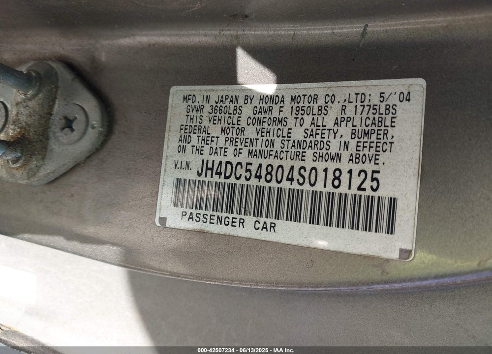 2004 ACURA RSX VIN: JH4DC54804S018125