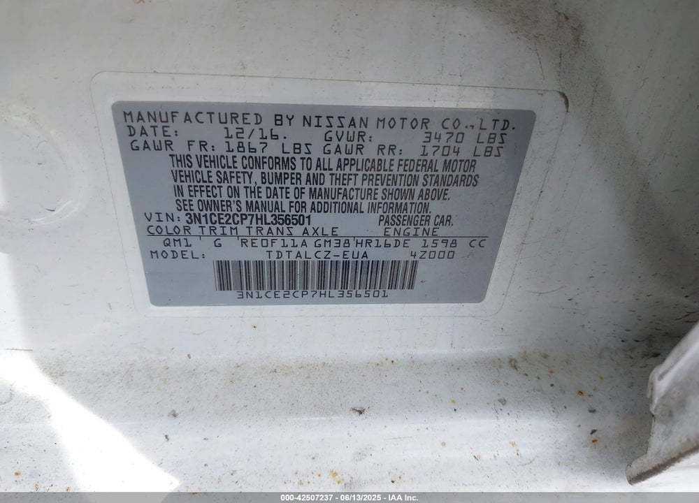 2017 NISSAN VERSA VIN: 3N1CE2CP7HL356501