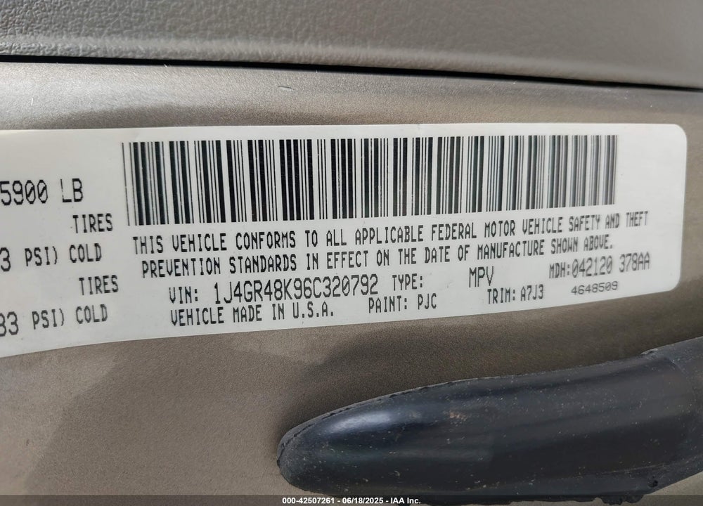 2006 JEEP GRAND CHEROKEE LAREDO VIN: 1J4GR48K96C320792