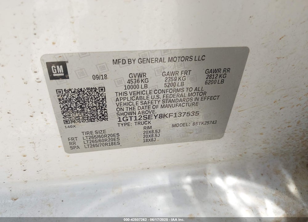 2019 GMC SIERRA VIN: 1GT12SEY8KF137535