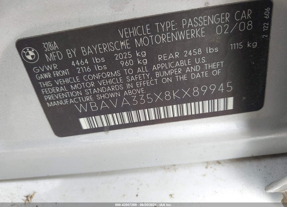 2008 BMW 328I VIN: WBAVA335X8KX89945