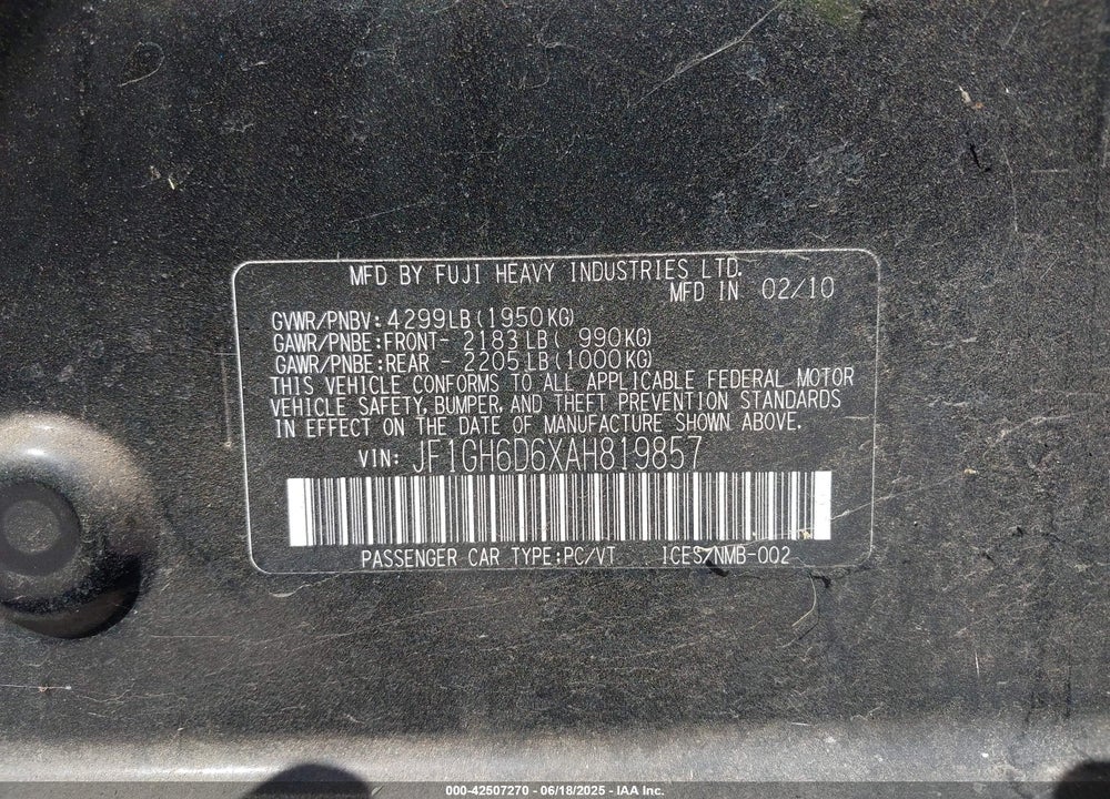 2010 SUBARU IMPREZA OUTBACK SPORT VIN: JF1GH6D6XAH819857