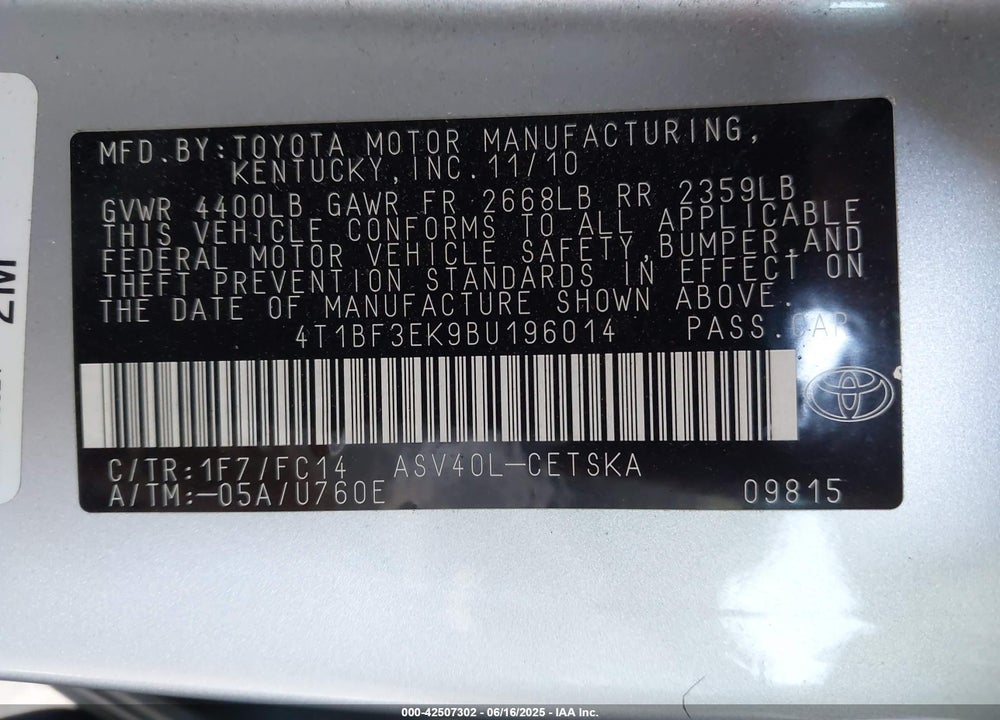2011 TOYOTA CAMRY SE VIN: 4T1BF3EK9BU196014