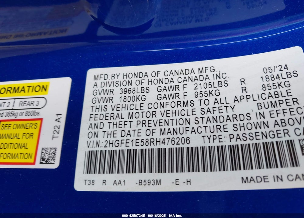 2024 HONDA CIVIC VIN: 2HGFE1E58RH476206