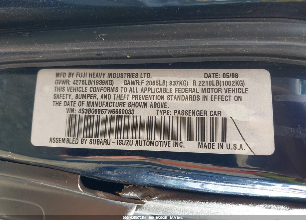 1998 SUBARU LEGACY OUTBACK/OUTBACK LIMITED/OUTBACK SPORT VIN: 4S3BG6857W6660033