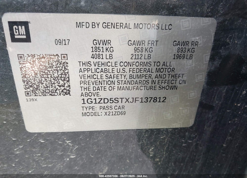 2018 CHEVROLET MALIBU VIN: 1G1ZD5STXJF137812