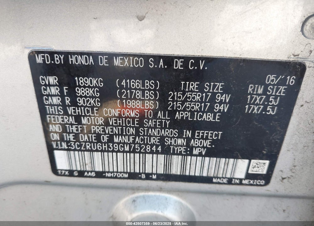 2016 HONDA HR-V LX VIN: 3CZRU6H39GM752844