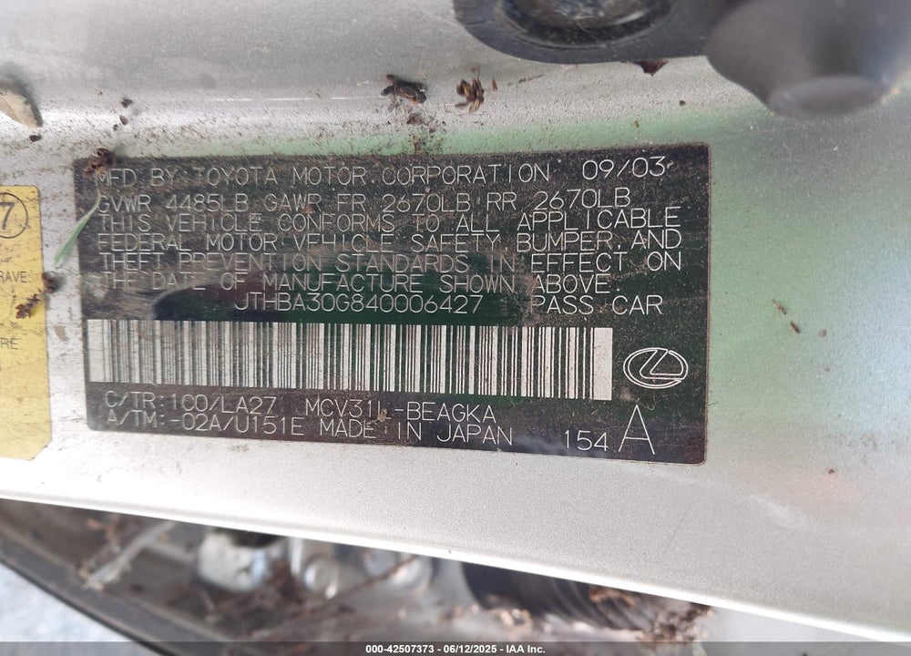 2004 LEXUS ES 330 VIN: JTHBA30G840006427