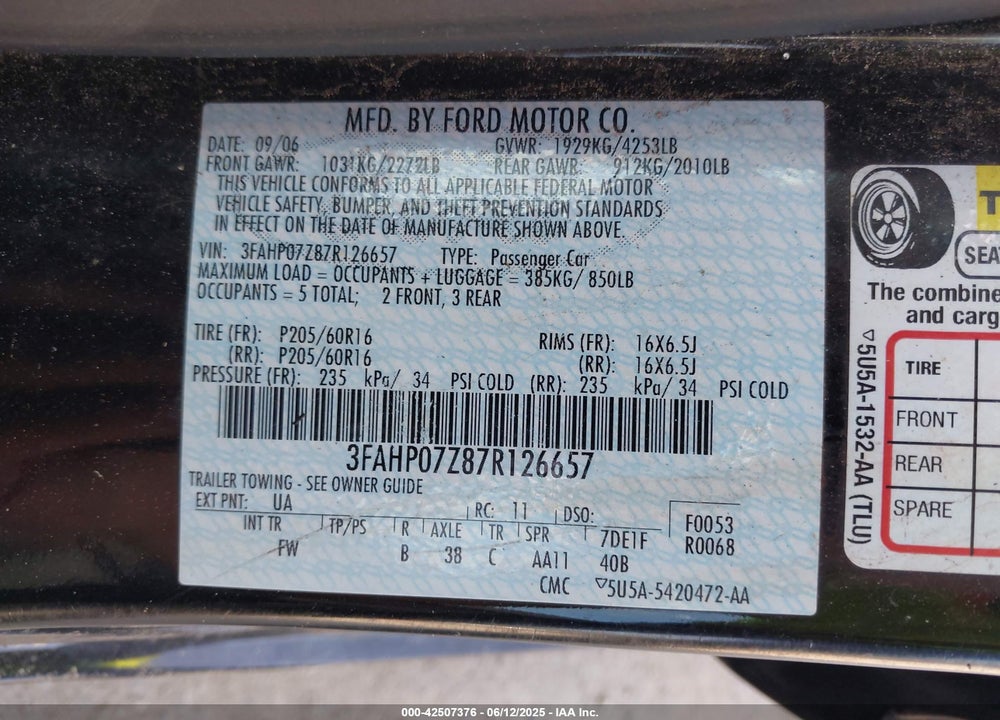 2007 FORD FUSION SE VIN: 3FAHP07Z87R126657
