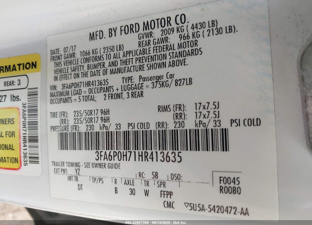 2017 FORD FUSION VIN: 3FA6P0H71HR413635