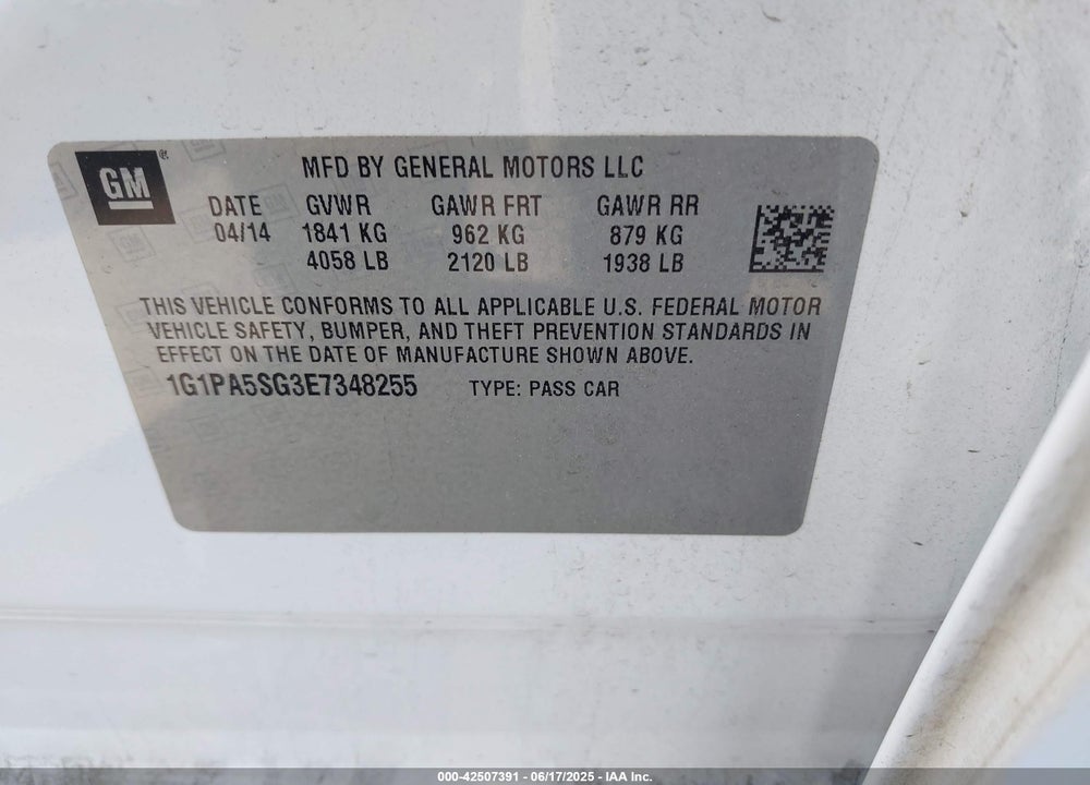 2014 CHEVROLET CRUZE LS AUTO VIN: 1G1PA5SG3E7348255