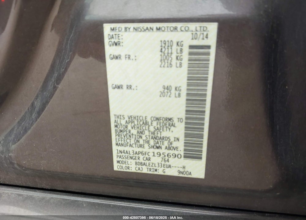 2015 NISSAN ALTIMA VIN: 1N4AL3AP6FC195690