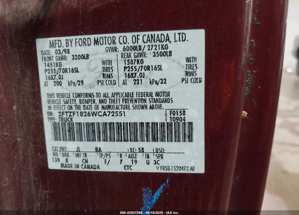 1998 FORD F-150 STANDARD/XL/XLT VIN: 2FTZF1826WCA72551