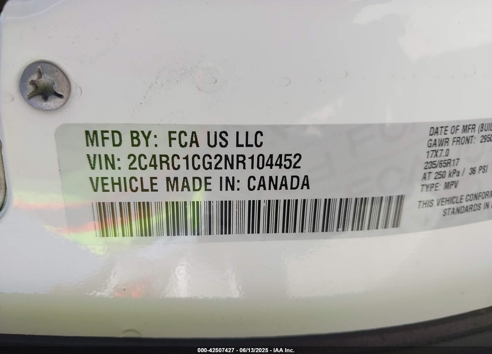 2022 CHRYSLER VOYAGER LX VIN: 2C4RC1CG2NR104452