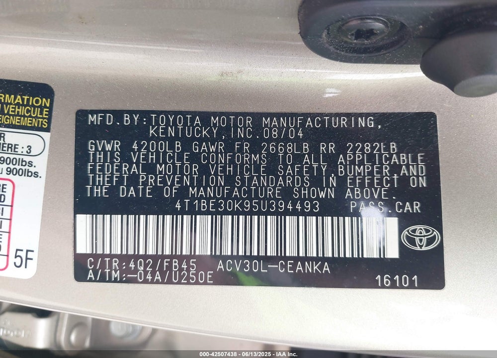 2005 TOYOTA CAMRY LE VIN: 4T1BE30K95U394493