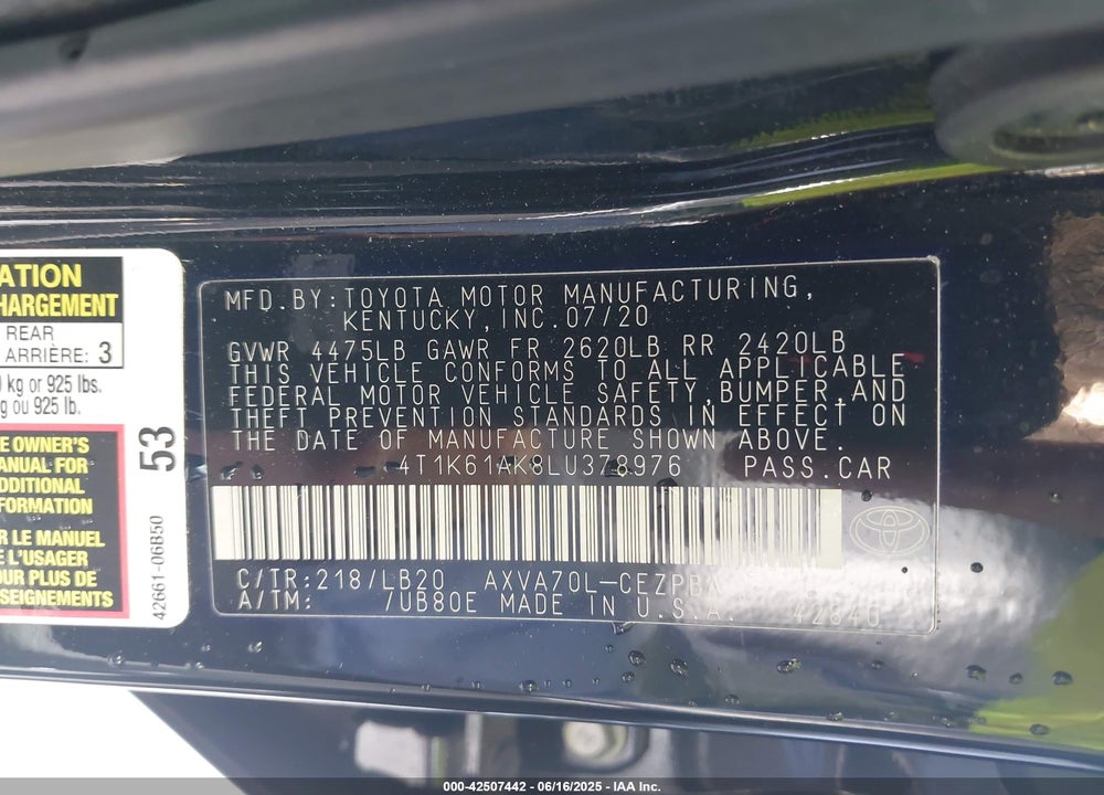 2020 TOYOTA CAMRY VIN: 4T1K61AK8LU378976