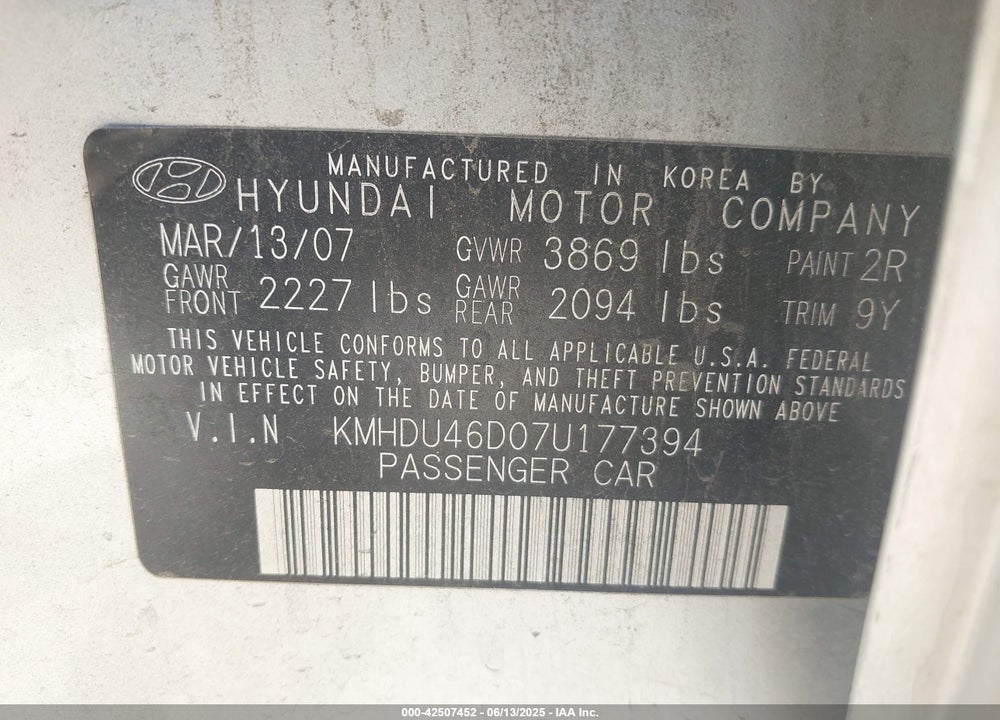 2007 HYUNDAI ELANTRA VIN: KMHDU46D07U177394