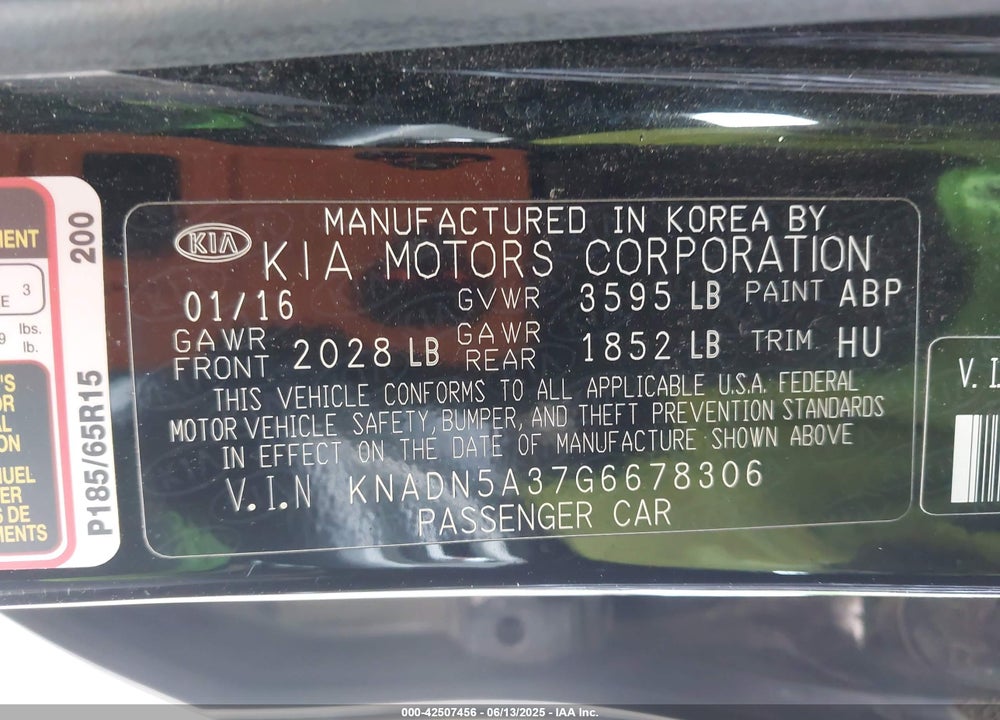 2016 KIA RIO EX VIN: KNADN5A37G6678306