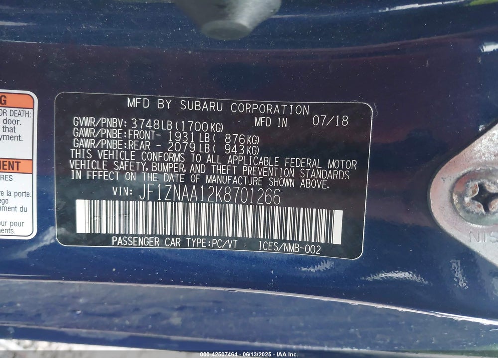2019 TOYOTA 86 VIN: JF1ZNAA12K8701266