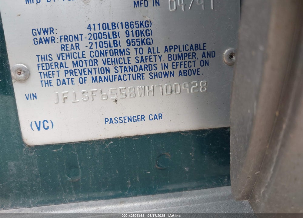1998 SUBARU FORESTER S VIN: JF1SF6558WH700928