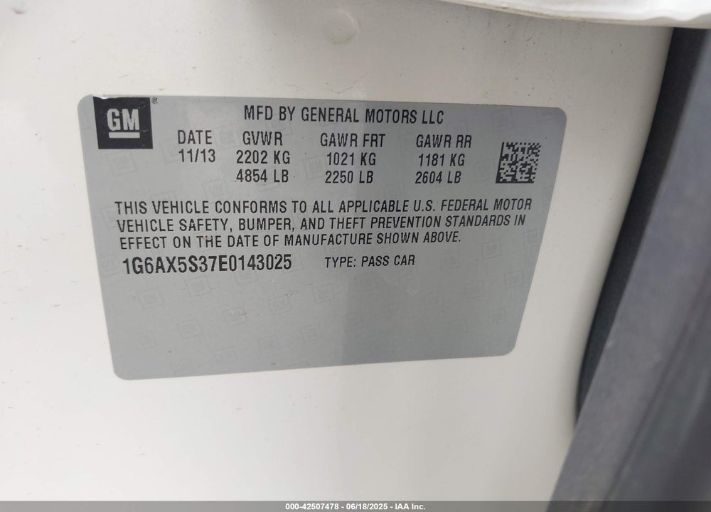 2014 CADILLAC CTS VIN: 1G6AX5S37E0143025