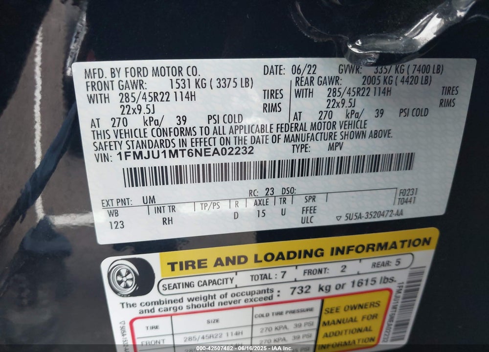 2022 FORD EXPEDITION VIN: 1FMJU1MT6NEA02232