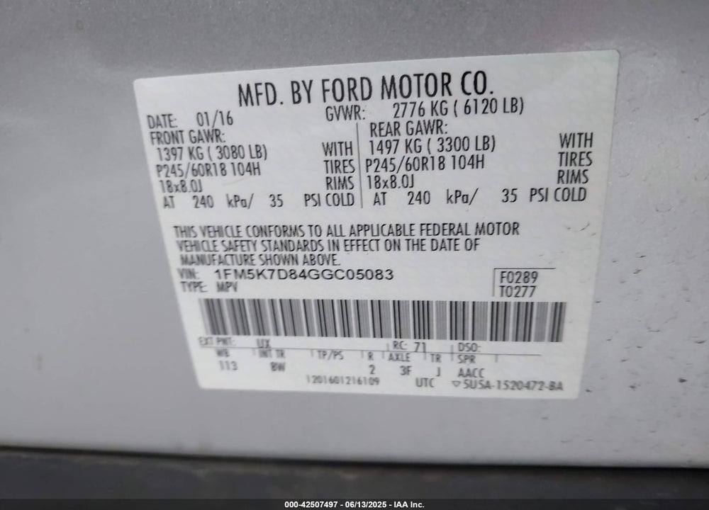 2016 FORD EXPLORER VIN: 1FM5K7D84GGC05083