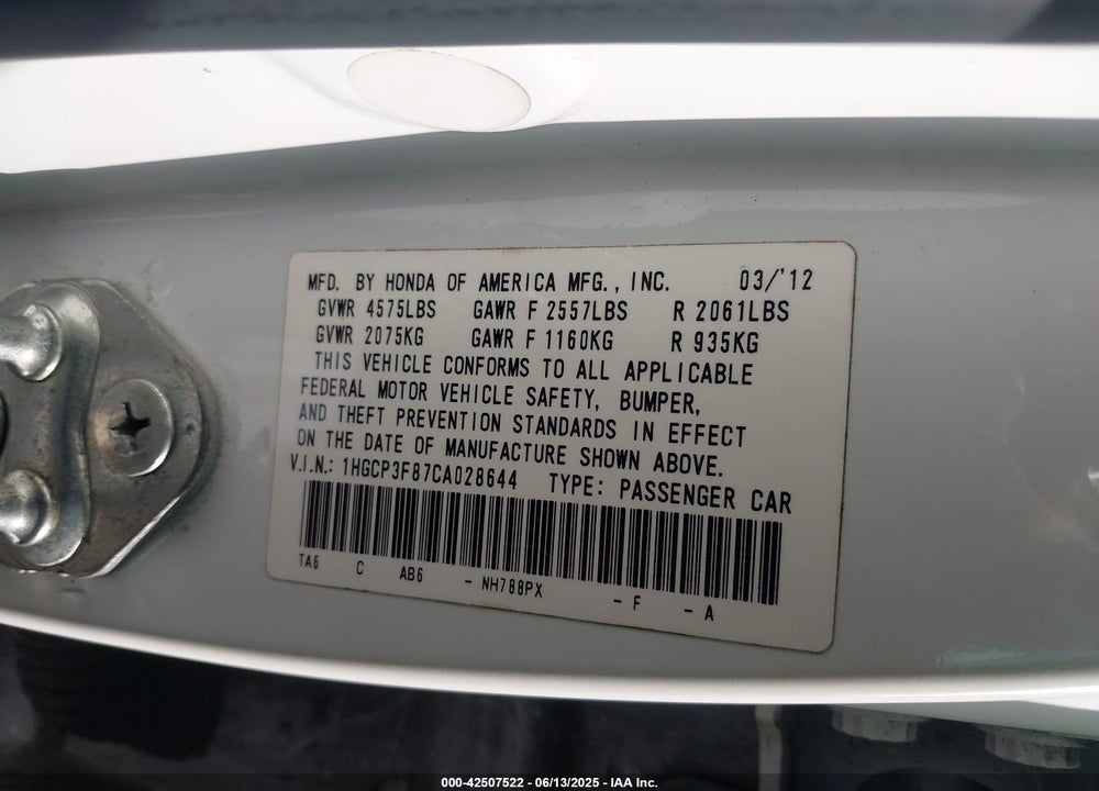 2012 HONDA ACCORD VIN: 1HGCP3F87CA028644