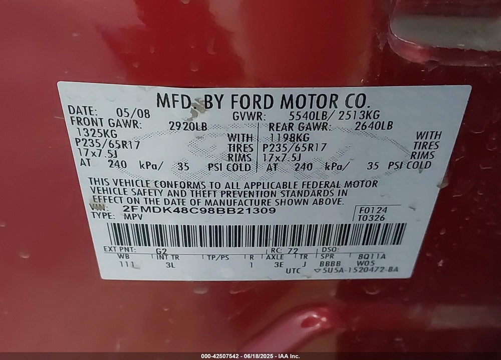 2008 FORD EDGE VIN: 2FMDK48C98BB21309