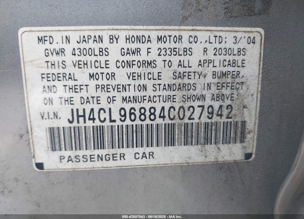 2004 ACURA TSX VIN: JH4CL96884C027942