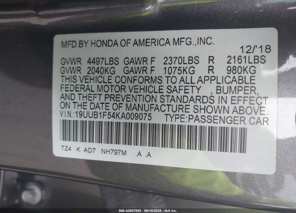 2019 ACURA TLX VIN: 19UUB1F54KA009075
