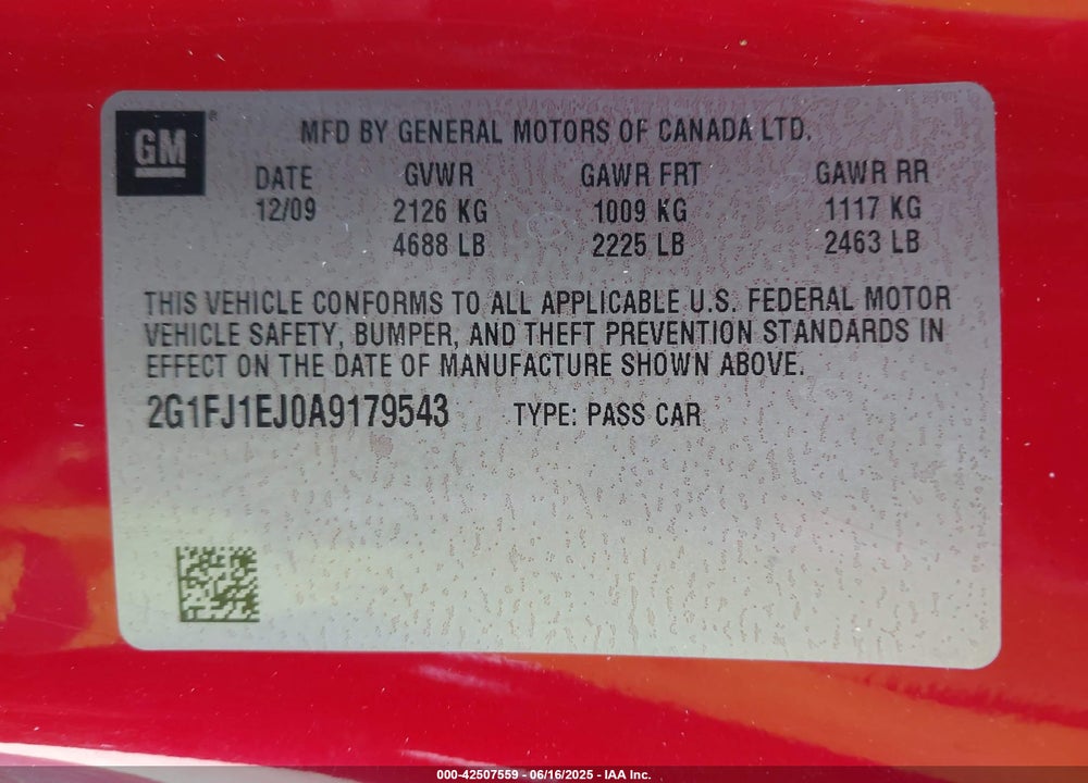 2010 CHEVROLET CAMARO 1SS VIN: 2G1FJ1EJ0A9179543