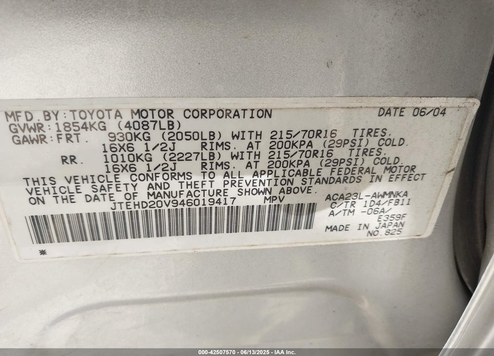 2004 TOYOTA RAV4 VIN: JTEHD20V946019417