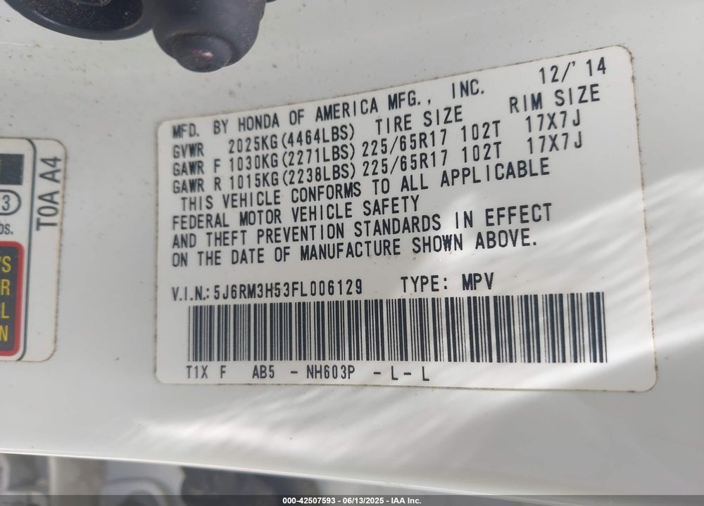 2015 HONDA CR-V EX VIN: 5J6RM3H53FL006129