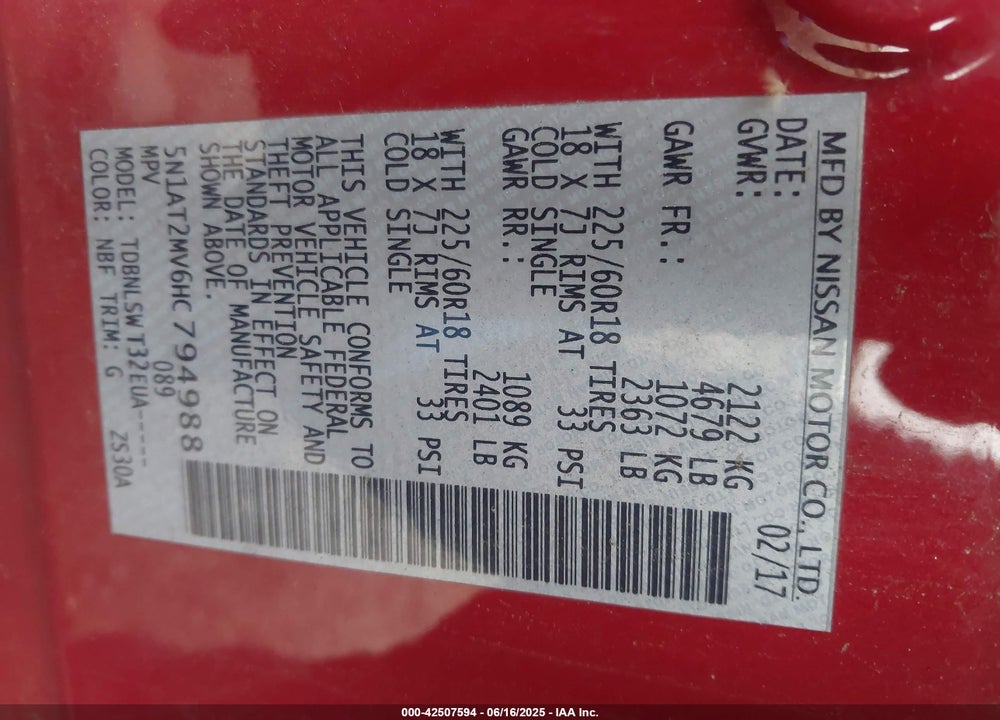 2017 NISSAN ROGUE VIN: 5N1AT2MV6HC794988