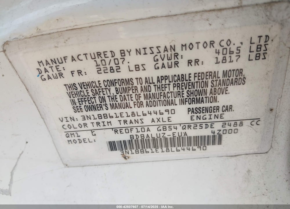 2008 NISSAN SENTRA SE-R VIN: 3N1BB61E18L644690