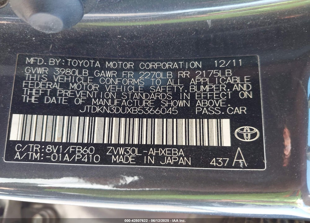 2011 TOYOTA PRIUS VIN: JTDKN3DUXB5366045