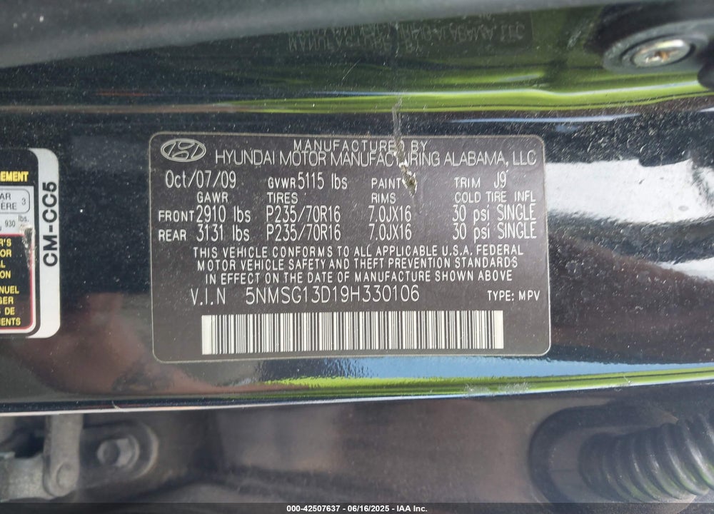 2009 HYUNDAI SANTA FE VIN: 5NMSG13D19H330106