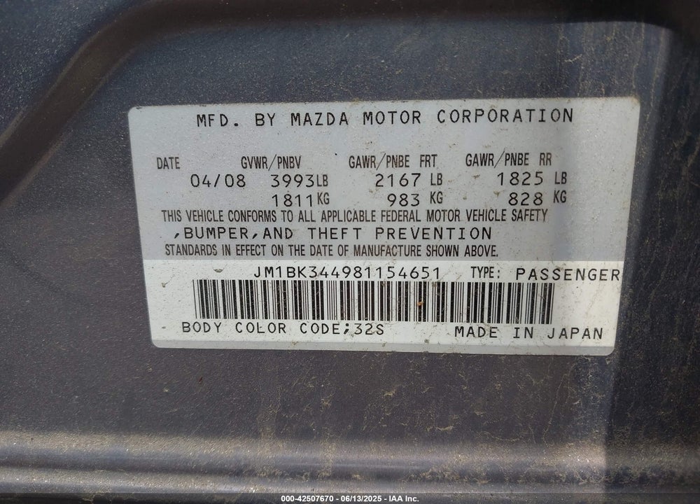 2008 MAZDA MAZDA3 VIN: JM1BK344981154651
