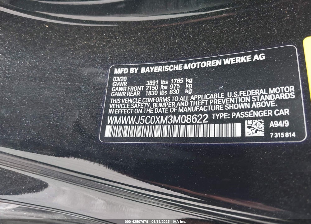 2021 MINI CONVERTIBLE VIN: WMWWJ5C0XM3M08622