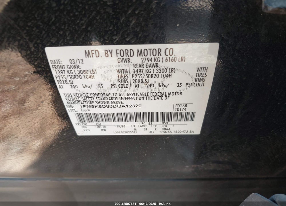 2013 FORD EXPLORER XLT VIN: 1FM5K8D80DGA12320