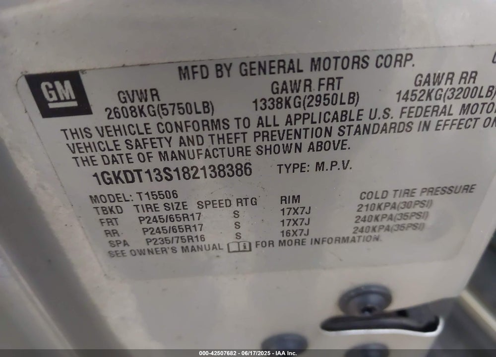 2008 GMC ENVOY VIN: 1GKDT13S182138386