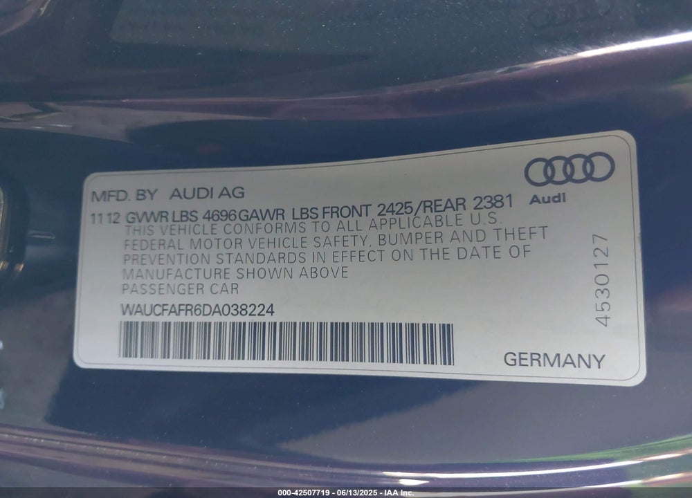 2013 AUDI A5 VIN: WAUCFAFR6DA038224