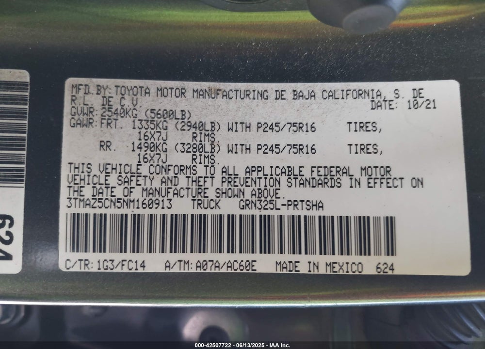 2022 TOYOTA TACOMA VIN: 3TMAZ5CN5NM160913