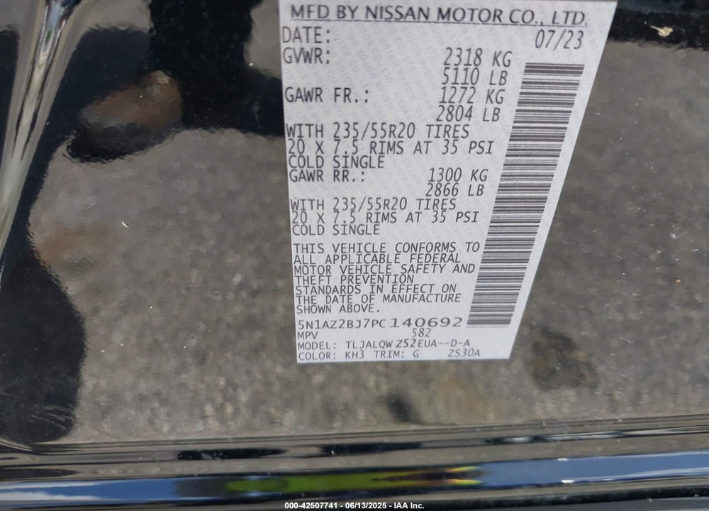 2023 NISSAN MURANO SV FWD VIN: 5N1AZ2BJ7PC140692