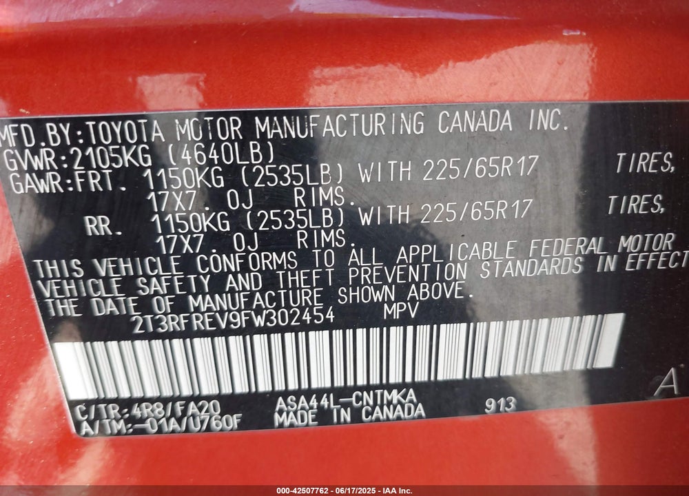2015 TOYOTA RAV4 VIN: 2T3RFREV9FW302454