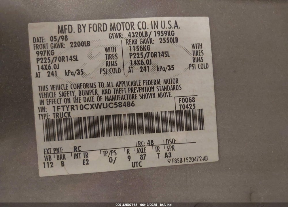 1998 FORD RANGER SPLASH/XL/XLT VIN: 1FTYR10CXWUC58486