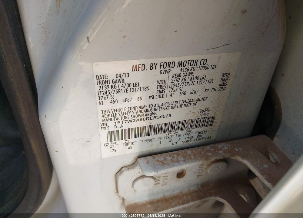 2013 FORD F-250 VIN: 1FT7W2A68DEB30029